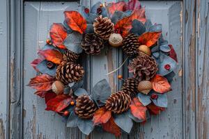 Autumnal Pine Cone Wreath Decorated With Fall Leaves on a Weathered Grey Door photo