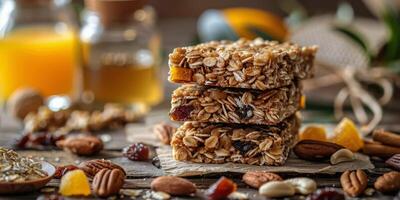Stacked Granola Bars With Almonds and Dried Apricots on Wooden Cutting Board photo