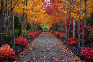 Fall Foliage Path With Vibrant Red and Yellow Leaves photo