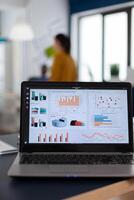 Laptop with marketing charts, graphs analitics in start up company. Workplace area in business center with multi ethnic employees in it, shot of room with modern furniture and blue wall. photo