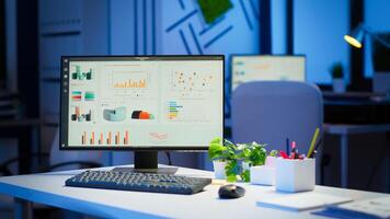 Interior of empty start up business office with modern design during night with graphics running on the desktop. Financial company with nobody in it, place of work startup, workplace indoors concept photo