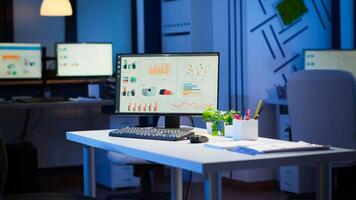 Empty start up business office with modern design during night with graphics running on the desktop. Financial company with nobody in it, place of work startup, workplace indoors concept photo