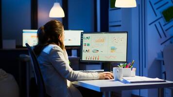 Manager woman working late at night in business office for deadline project checking annual statistics of company. Focused employee using modern network technology doing job overtime photo