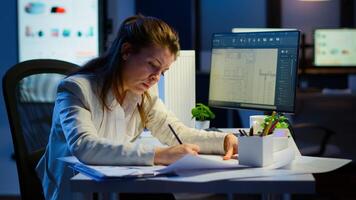 Overworked woman architect analysing and matching blueprints sitting at desk in front of computer late at night. Designer using arhitecture plans of buildings working overtime, creating and studying photo
