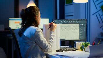 Engineer constructor designer architect creating new component in CAD program working in business office. Industrial woman employee studying prototype idea showing cad software on device display photo