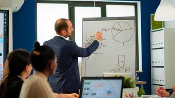 Professional business coache company leader teacher offering flip chart presentation explaining graphs, consulting with clients, training diverse workers group at conference meeting office, boardroom photo
