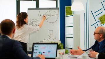 Company head standing in front of audience diverse staff members making presentation using flip chart raised sales positive results of work done, seminar corporate education concept photo