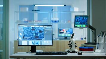 Empty laboratory modernly equipped with nobody in it, prepared for pharmaceutical innovation using high tech and microbiology tools for scientific research. Vaccine development against covid19 virus. photo