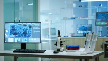 Chemist laboratory with nobody in it modernly equipped prepared for pharmaceutical innovation using high tech and microbiology tools for scientific research. Vaccine development against covid19 virus photo