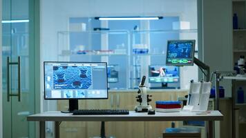 Chemist laboratory with nobody in it modernly equipped prepared for pharmaceutical innovation using high tech and microbiology tools for scientific research. Vaccine development against covid19 virus photo