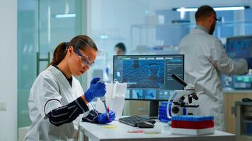 Scientist in modern equipped medical laboratory examinining drug discovery with micropipette. Medical stuff examining vaccine evolution using high tech and technology researching treatment, development against covid19 photo