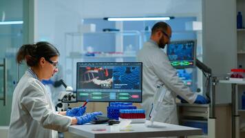 Team of microbiology scientists discussing about virus development in modern equpped laboratory using computer analysing test blood samples and develop vaccine, drugs and antibiotics against covid-19. photo