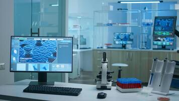 Interior of modern scientist modern biological lab with empty background prepared for vaccine development against covid19 virus using high tech, microbiology tools for scientific research. photo