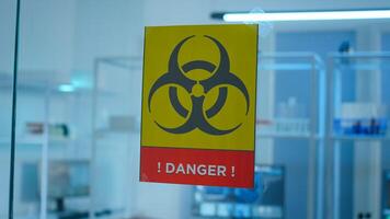 Empty laboratory danger area with nobody in it, prepared for pharmaceutical innovation using high tech and microbiology tools for scientific research. Vaccine development against covid19 virus. photo
