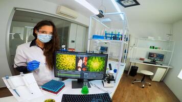 POV of scientists team worried about virus evolution discussing pointing at computer. Stuff examining vaccine development using high tech researching treatment against covid19 virus photo