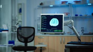 Empty laboratory modernly equipped with nobody in it, prepared for neurological innovation using high tech and microbiology tools for scientific research. Medical clinic for examining brain functions photo