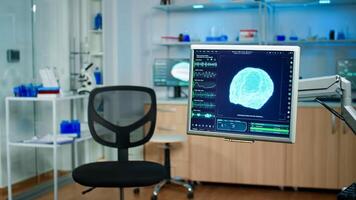 Empty medical laboratory with modern equipment prepared for discovery of health innovations of nervous system using high tech and microbiology tools for scientific research in neurological lab photo
