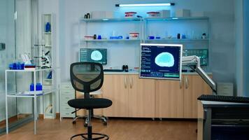 Empty laboratory modernly equipped with nobody in it, prepared for neurological innovation using high tech and microbiology tools for scientific research. Medical clinic for examining brain functions photo