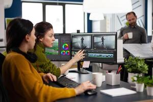 Team of editors women working with modern studio post production software in digital multimedia company. maker employees editing film montage in creative agency looking at computer photo