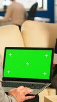 Back view of business man sitting on couch using laptop with green screen talking with colleague while team working on background. Multiethnic coworkers planning project on chroma key display photo