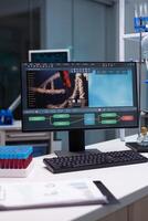 Empty science laboratory with professional tools for research and medical industry. Nobody in scientific space for development and discovery with equipment, technology and vacutainers photo