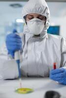 Biologist researcher woman hands putting blood in petri dish using medical micropippete analyzing virus sample while working at coronavirus vaccine development in lab. Clinical research experiment photo