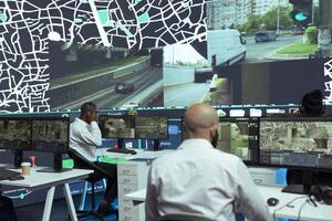 Diverse call center employees provides shipment updates to customers, handling order tracking service to combat shipment delay in control center. Agency guiding trucks on less busy routes. photo