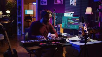 Artist teaching online piano lessons from his home studio, recording tutorial and playing midi controller synthesizer. Instructor explaining electronic keyboard notes, music industry. Camera B. photo