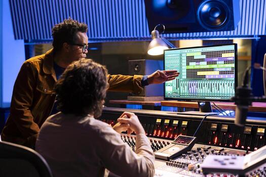 Diverse music experts mixing sounds on audio console and equalizer, adding sound effects and creating new tracks for an album. Artist and producer creating a hit song with daw software. photo