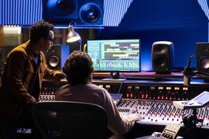 Singer and producer work on soundboard controller at recording studio station. Sound engineer uses digital console for music production, operating on faders and key buttons at control desk. photo