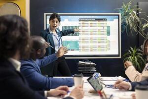 Business affiliates examining current budgeting plans on interactive board, organizing an executive meeting to share ideas about updates for success. Coworkers making decisions for a project. photo