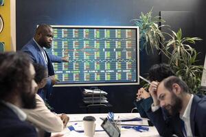Workers team analyzing statistics to offer solutions on an issue affecting the tasks, looking to finish project before deadline. Enterprise specialists attending problem solving meeting in boardroom. photo