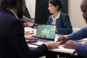 Marketing team developing new digital transformation strategies in a boardroom conference, enhance operational efficiency and performance. Professionals improve organizational workflow. photo