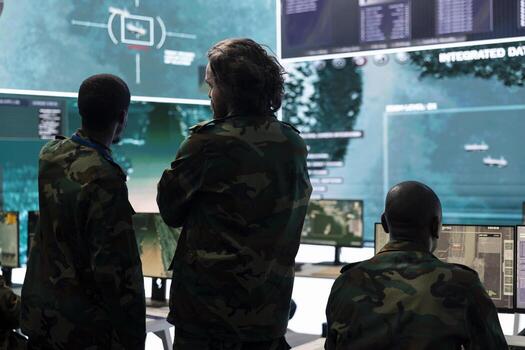 Military personnel discussing about enemy vessel trajectory in control room, analyzing data for defense program mission in command center. Army staff gathering intelligence from big screen. photo