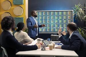 Business colleagues conducting an informational meeting to share details on projects and arrangements, evaluating the latest economic projections on interactive board to guarantee success. photo