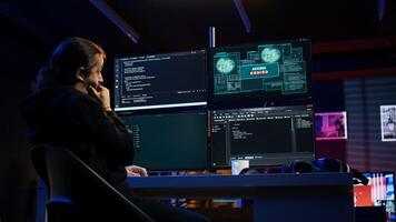 Hacker getting access denied error while doing computer sabotage using ransomware. Cybercriminal failing to penetrate firewalls while trying to steal victim data, camera B photo