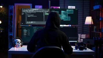 Lone wolf hacker in secret hideout trying to hide online activity after stealing data. Cybercriminal attacking victims PCs using computer virus, trying to avoid being detected, camera B photo