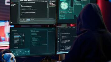 Lone wolf hacker in secret hideout trying to hide online activity after stealing data. Cybercriminal attacking victims PCs using computer virus, trying to avoid being detected, camera A photo