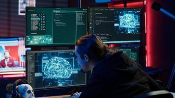 Rogue computer scientist uses AI machine learning to develop zero day exploit undetectable by antivirus. Hacker uses artificial intelligence neural networks to build script tricking firewall, camera A photo