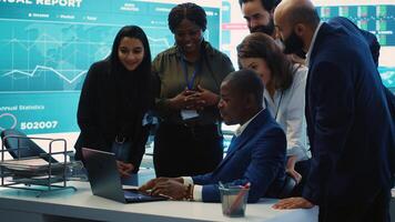 Diverse business employees group celebrate a successful outcome, obtaining more expansion funds and sharing a high five with all the staff members. Pleased workers enjoying success. Camera A. photo