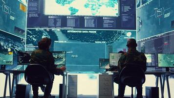 Privates team operates on radar systems to detect and track enemy aircraft or missiles, national safety within their department. Analyze weather conditions to protect planned operations. Camera B. photo