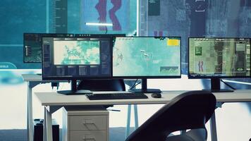 Empty military command center headquarters with a big screen used for reconnaissance and surveillance on a world map. Army intelligence equipment and CCTV footage, federal agency. photo