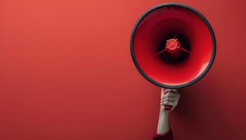 Yellow Megaphone Held By Hand Against Red Background photo