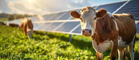 Brown And White Cow Grazing In Field With Solar Panels In Background photo