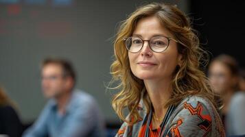 Woman With Glasses Looking at Camera in a Conference Setting photo