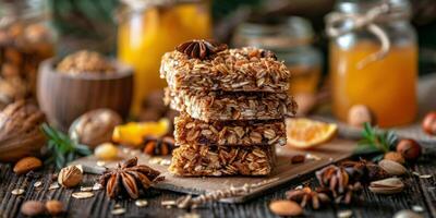 Stacked Granola Bars With Almonds and Dried Apricots on Wooden Cutting Board photo