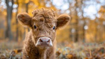 Young Highland Cow Portrait in Autumn Forest photo