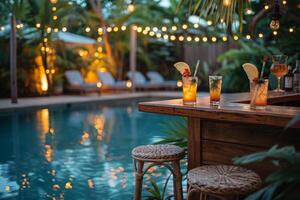 Outdoor Bar and Poolside Lounge With String Lights at Dusk photo