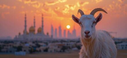 White Goat Gazing at Sunset Over Cityscape With Mosque photo