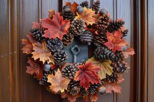 Autumnal Pine Cone Wreath Decorated With Fall Leaves on a Weathered Grey Door photo